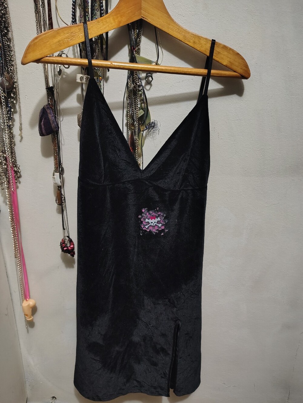 Sz S - Black Velvet Mini Dress With Skull And Slit